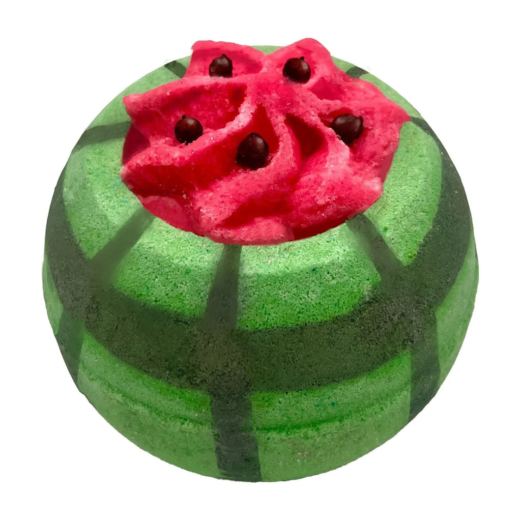 Green and pink striped bath bomb with watermelon design