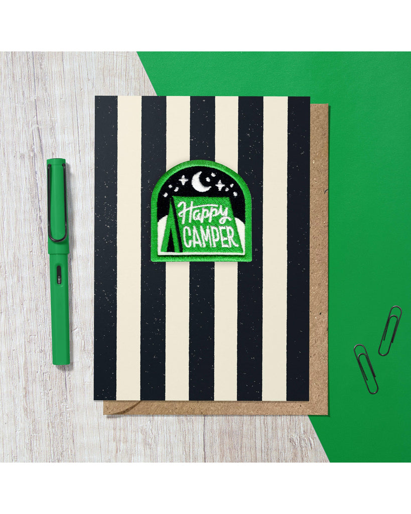 Happy Camper Recycled Embroidered Patch Card – beautiful greeting card from C&K, an independent lifestyle store in Settle.