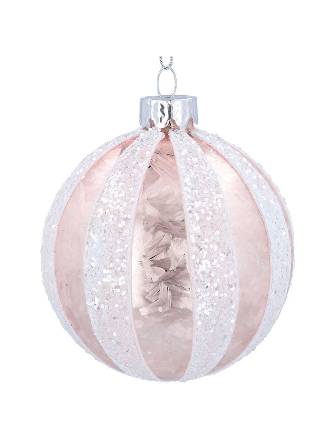 Frosted Pink Glass Ball with White Glitter Stripes – thoughtful gifts and beautiful finds from C&K, an independent lifestyle store in Settle.