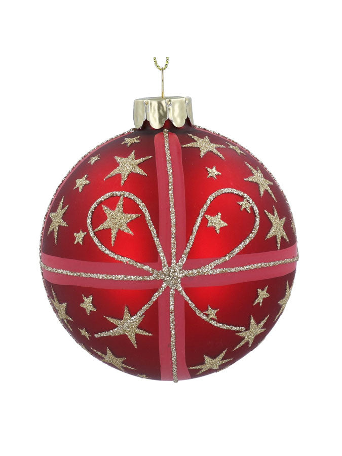 Red/Gold Glitter Stars & Bow Glass Ball – thoughtful gifts and beautiful finds from C&K, an independent lifestyle store in Settle.