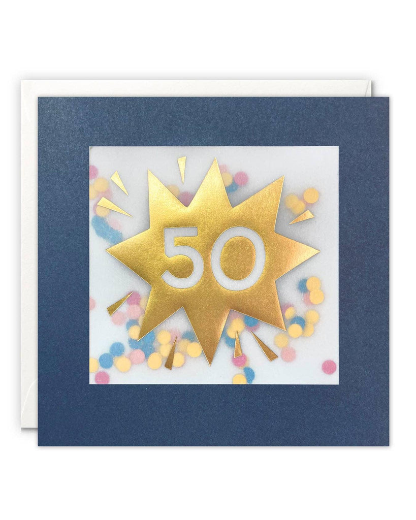 Age 50 Gold Paper Shakies Card – beautiful greeting card from C&K, an independent lifestyle store in Settle.