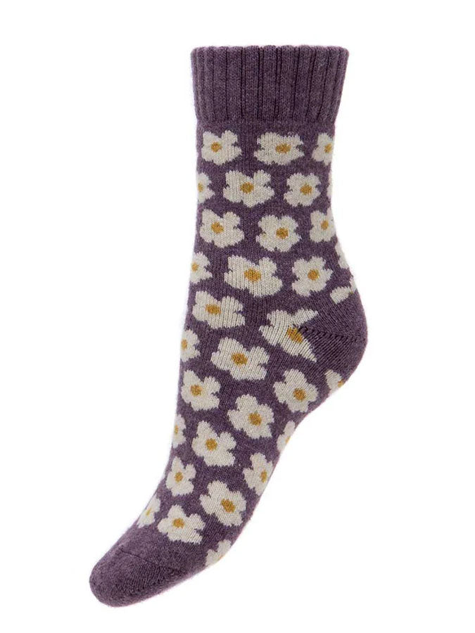 Purple Wool Blend Socks with Daisies – stylish accessories from C&K, an independent lifestyle store in Settle, North Yorkshire.