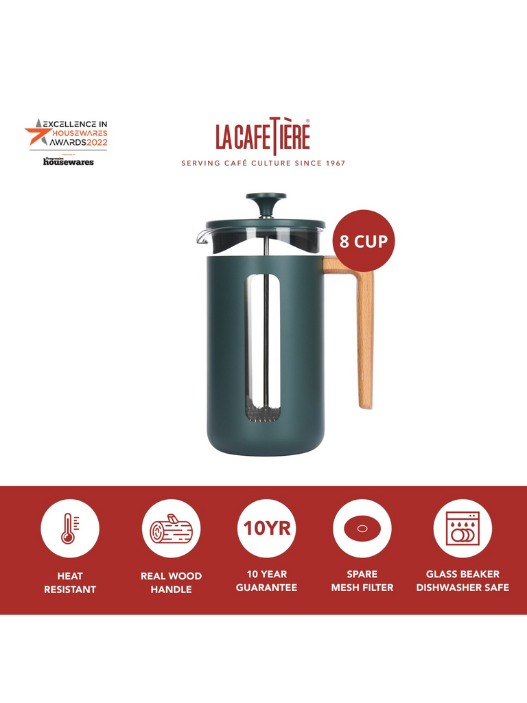 Pisa 8 Cup Cafetière Green Wood Handle – quality kitchenware & dining essentials by C&K, an independent lifestyle store in Settle.