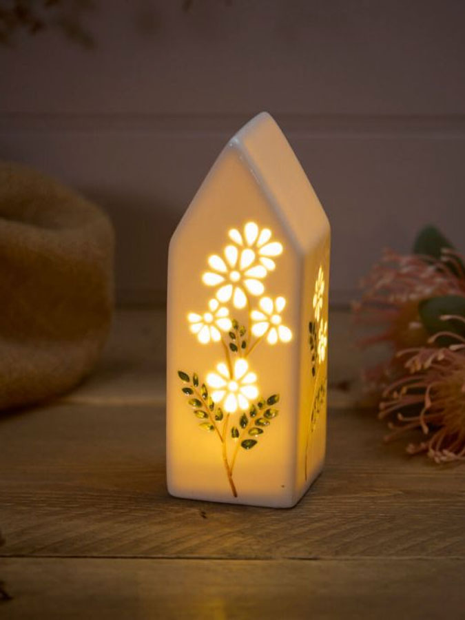 LED Ceramic House with Cut Out Flower Detail – thoughtful gifts and beautiful finds from C&K, an independent lifestyle store in Settle.
