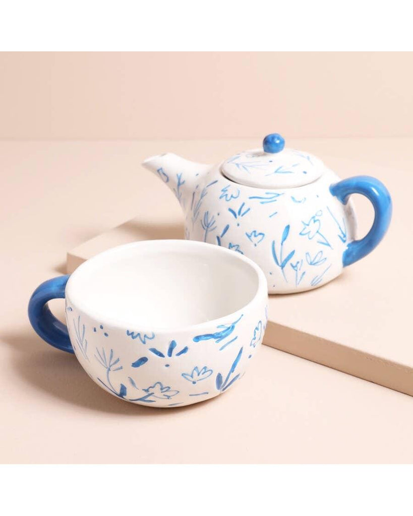 Blue Debossed Floral Teapot and Cup Set – thoughtful gifts and beautiful finds from C&K, an independent lifestyle store in Settle.
