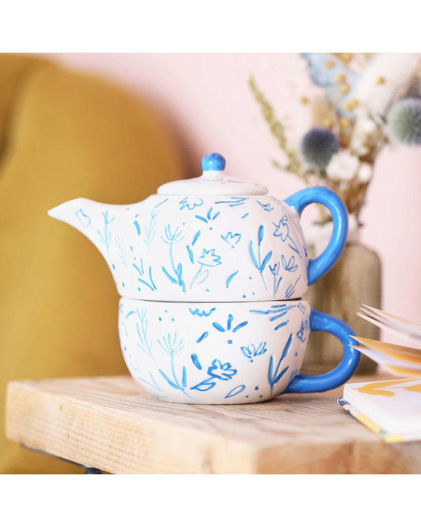 Blue Debossed Floral Teapot and Cup Set – thoughtful gifts and beautiful finds from C&K, an independent lifestyle store in Settle.