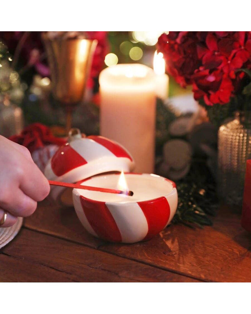 Candy Cane Stripe Cinnamon Bauble Candle Not available to EU – thoughtful gifts and beautiful finds from C&K, an independent lifestyle store in Settle.