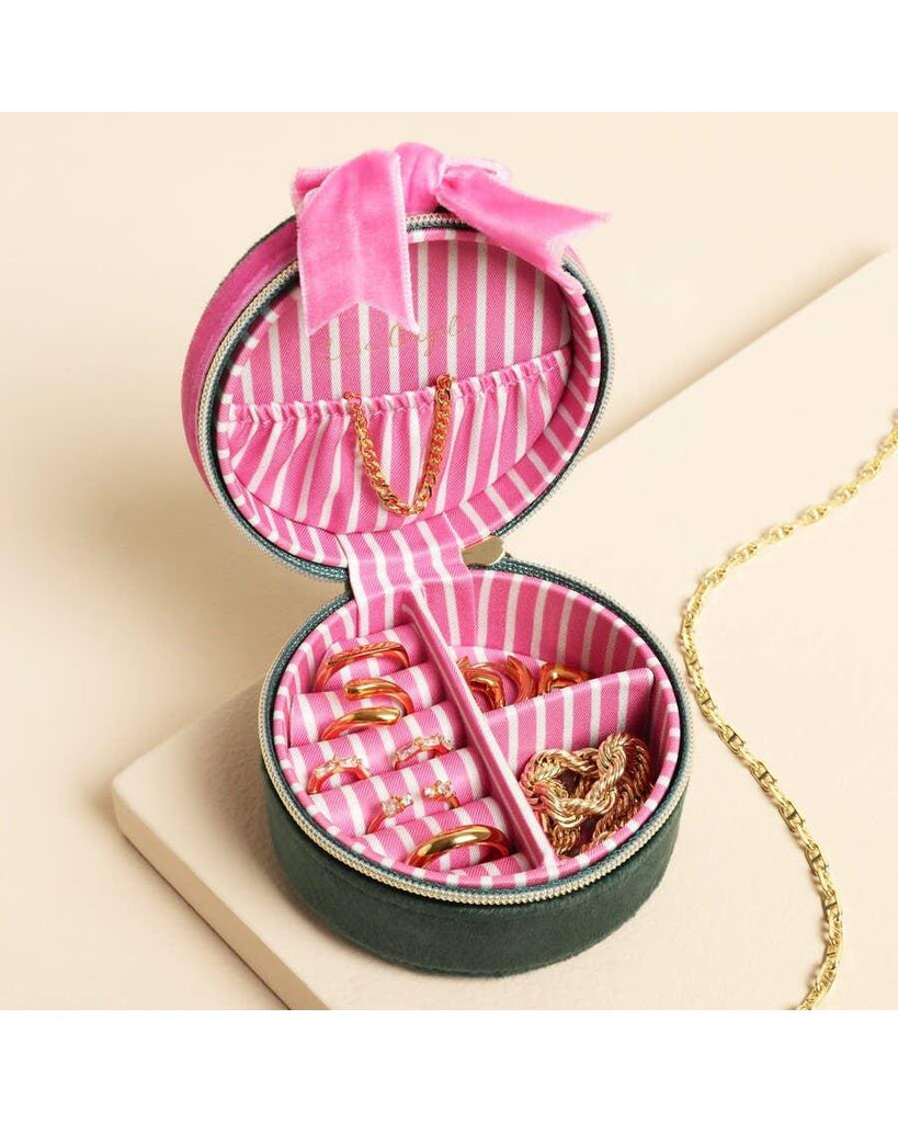 Green and Pink Velvet Bow Mini Round Jewellery Case – thoughtful gifts and beautiful finds from C&K, an independent lifestyle store in Settle.