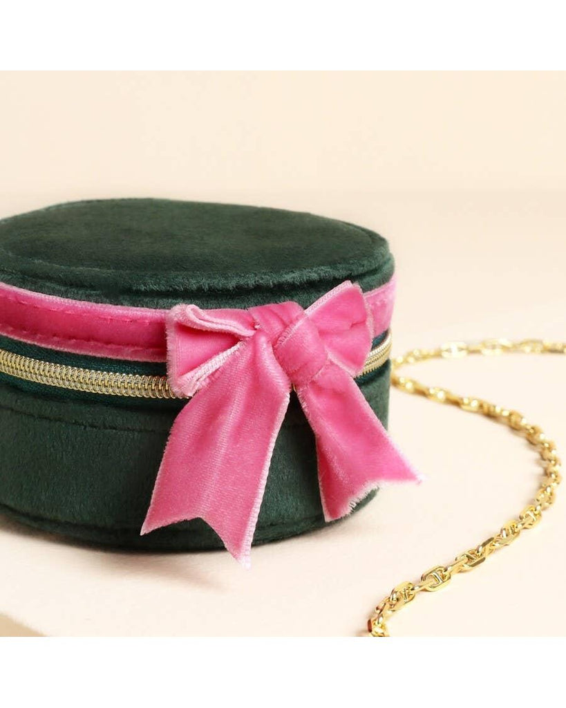 Green and Pink Velvet Bow Mini Round Jewellery Case – thoughtful gifts and beautiful finds from C&K, an independent lifestyle store in Settle.