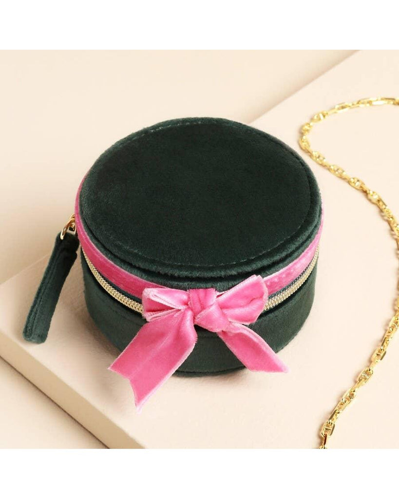Green and Pink Velvet Bow Mini Round Jewellery Case – thoughtful gifts and beautiful finds from C&K, an independent lifestyle store in Settle.