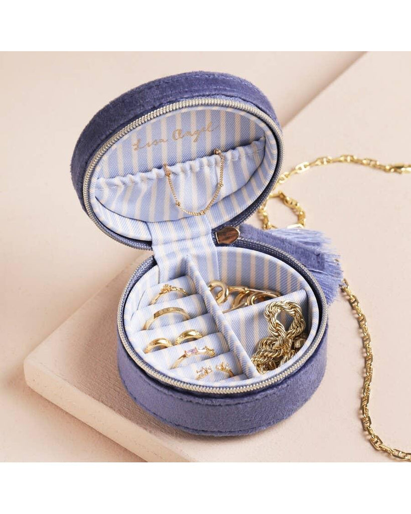 Moonrise Mini Round Velvet Travel Jewellery Case in Blue – thoughtful gifts and beautiful finds from C&K, an independent lifestyle store in Settle.