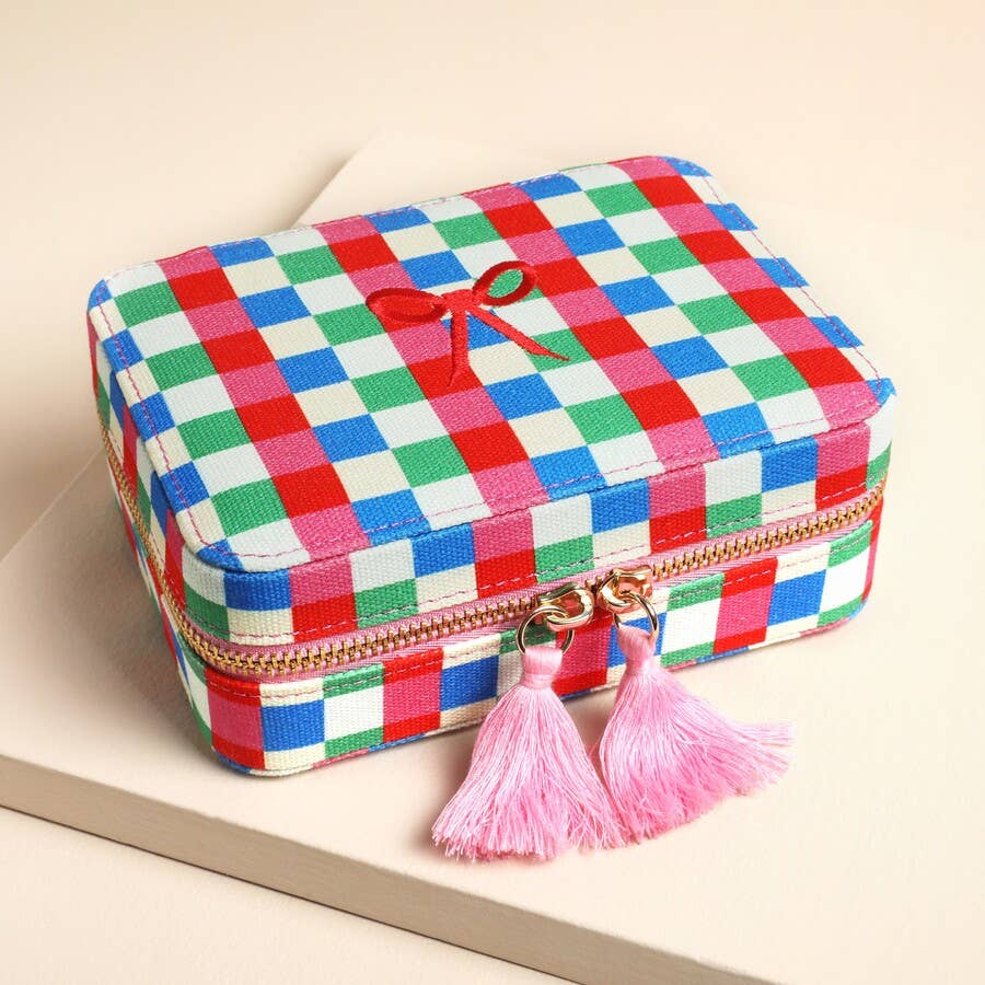 Multi Bright Checkerboard Linen Travel Jewellery Case – thoughtful gifts and beautiful finds from C&K, an independent lifestyle store in Settle.