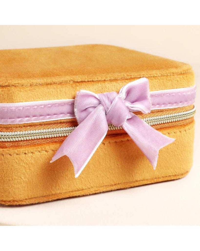 Mustard and Pink Velvet Bow Square Travel Jewellery Case – thoughtful gifts and beautiful finds from C&K, an independent lifestyle store in Settle.