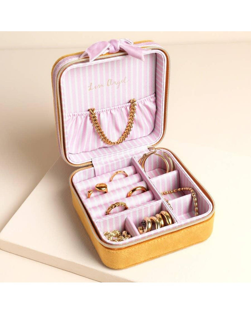 Mustard and Pink Velvet Bow Square Travel Jewellery Case – thoughtful gifts and beautiful finds from C&K, an independent lifestyle store in Settle.