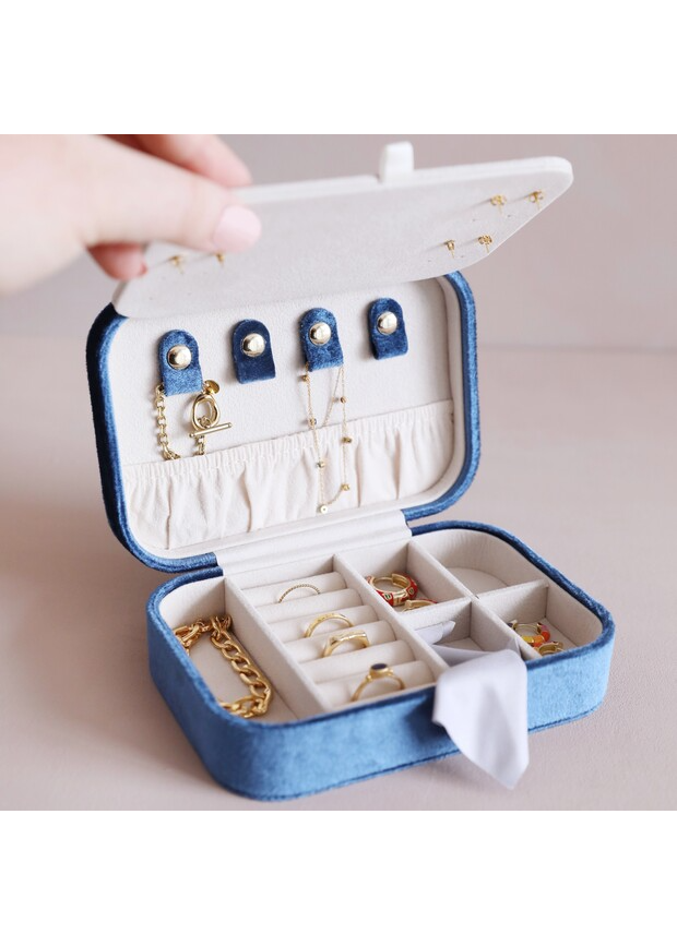 Navy Blue Velvet Rectangular Travel Jewellery Case – thoughtful gifts and beautiful finds from C&K, an independent lifestyle store in Settle.