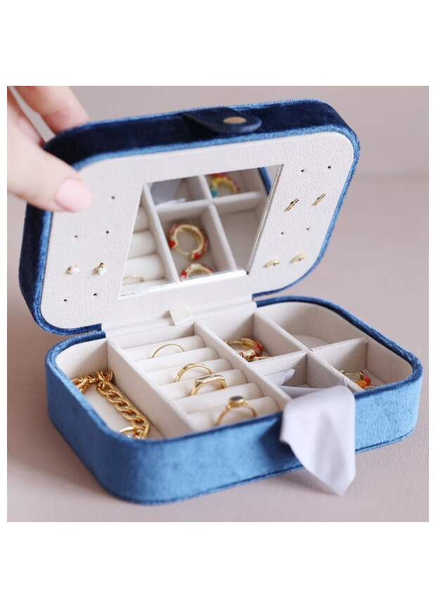 Navy Blue Velvet Rectangular Travel Jewellery Case – thoughtful gifts and beautiful finds from C&K, an independent lifestyle store in Settle.
