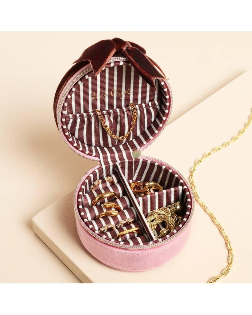Pink and Burgundy Velvet Bow Mini Round Jewellery Case – thoughtful gifts and beautiful finds from C&K, an independent lifestyle store in Settle.