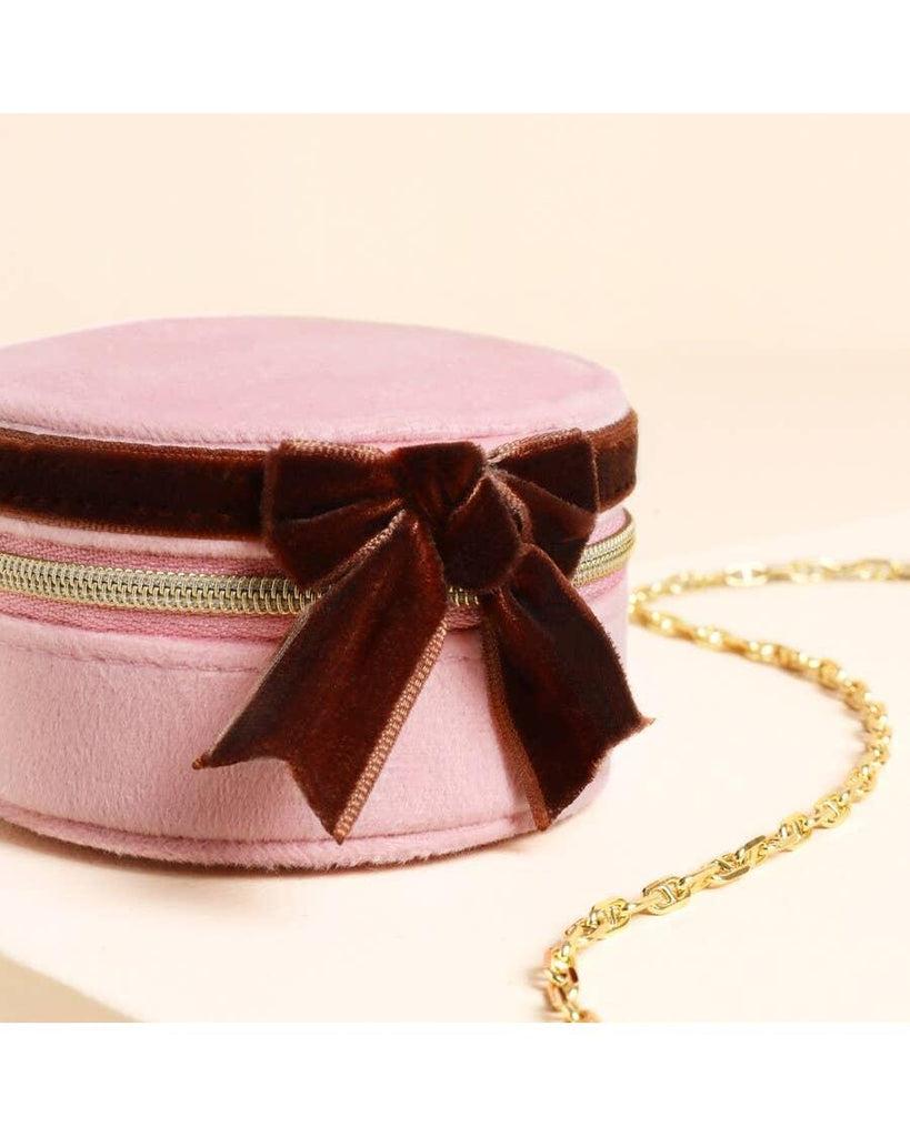 Pink and Burgundy Velvet Bow Mini Round Jewellery Case – thoughtful gifts and beautiful finds from C&K, an independent lifestyle store in Settle.