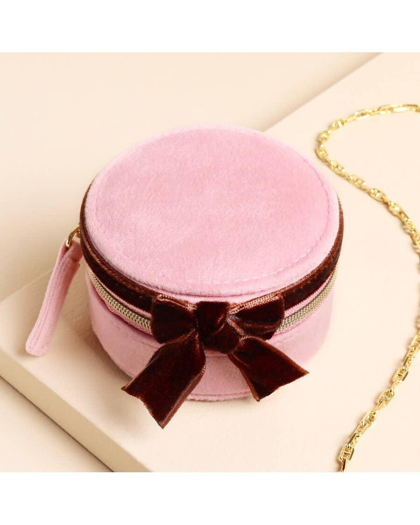 Pink and Burgundy Velvet Bow Mini Round Jewellery Case – thoughtful gifts and beautiful finds from C&K, an independent lifestyle store in Settle.