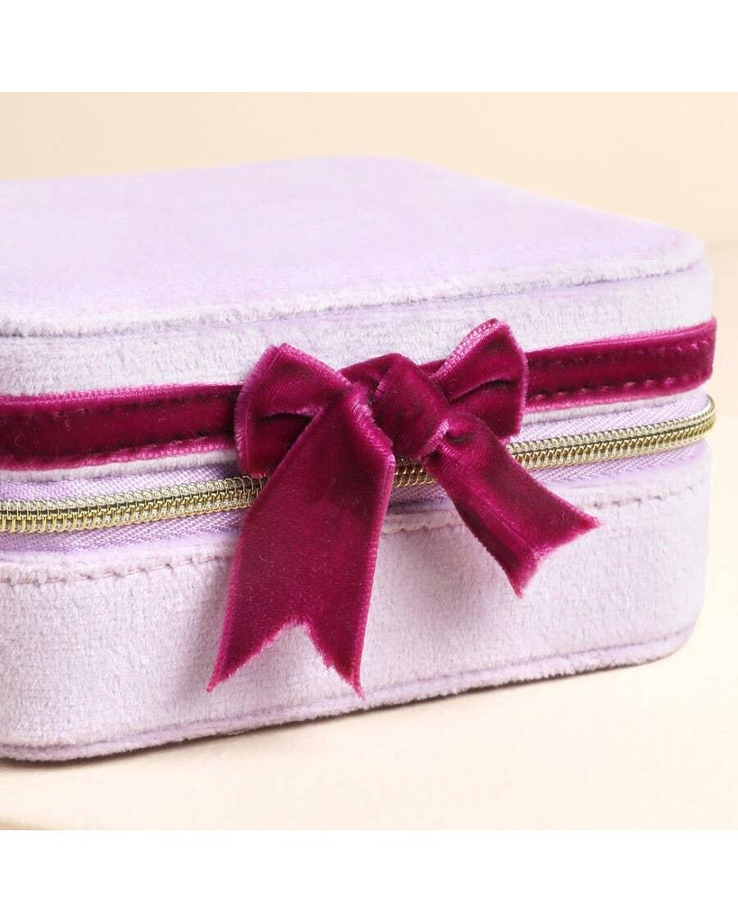 Pink and Burgundy Velvet Bow Square Travel Jewellery Case – thoughtful gifts and beautiful finds from C&K, an independent lifestyle store in Settle.