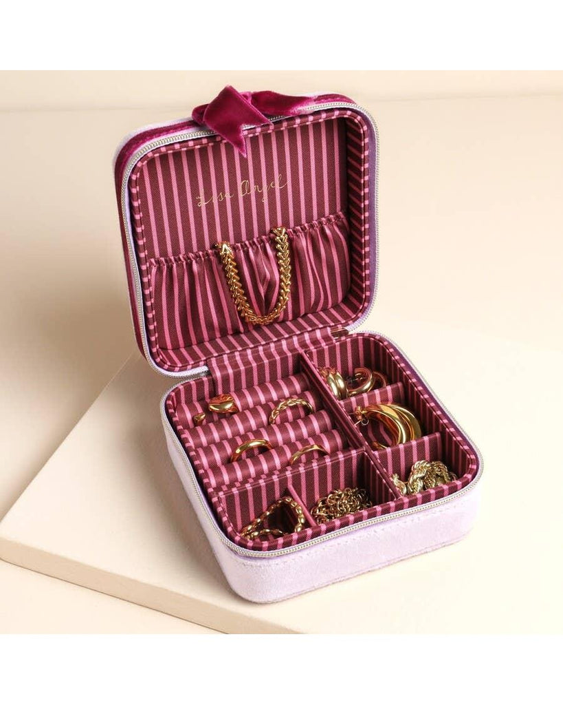 Pink and Burgundy Velvet Bow Square Travel Jewellery Case – thoughtful gifts and beautiful finds from C&K, an independent lifestyle store in Settle.