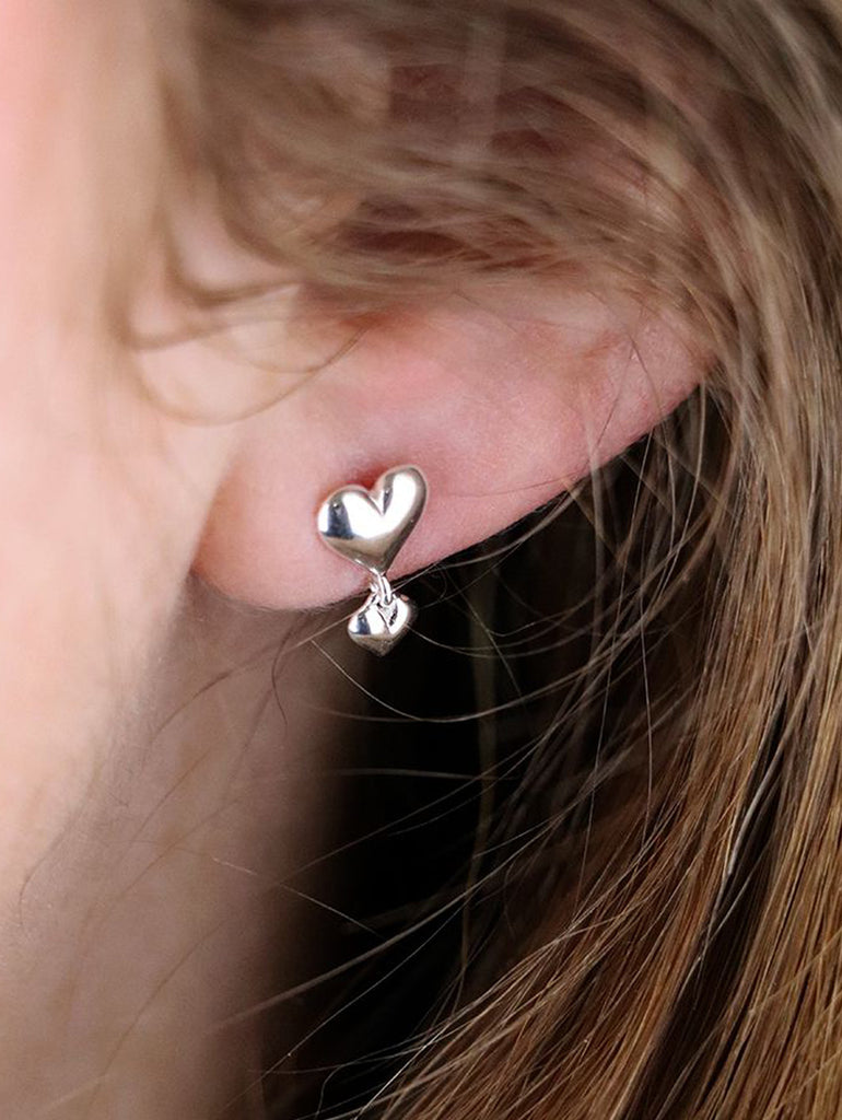 Double Drop Silver Heart Studs – stylish accessories from C&K, an independent lifestyle store in Settle, North Yorkshire.