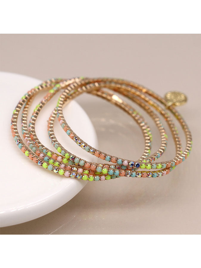 Faux Gold Plated Multi Pastel Crystal Five Bracelet Stack – stylish accessories from C&K, an independent lifestyle store in Settle, North Yorkshire.