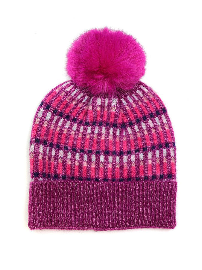 Purple/Fuchsia Firework Pom Pom Hat – stylish accessories from C&K, an independent lifestyle store in Settle, North Yorkshire.