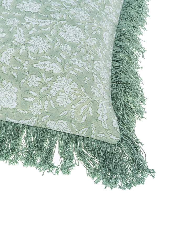 Block Print Fringed Cushion Green – thoughtful gifts and beautiful finds from C&K, an independent lifestyle store in Settle.