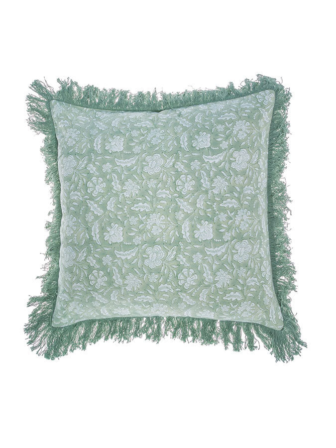 Block Print Fringed Cushion Green – thoughtful gifts and beautiful finds from C&K, an independent lifestyle store in Settle.