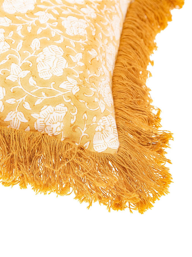 Block Print Fringed Cushion Mustard – thoughtful gifts and beautiful finds from C&K, an independent lifestyle store in Settle.