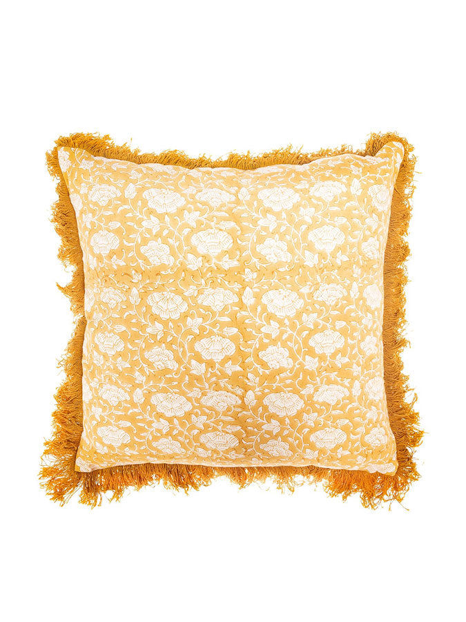 Block Print Fringed Cushion Mustard – thoughtful gifts and beautiful finds from C&K, an independent lifestyle store in Settle.